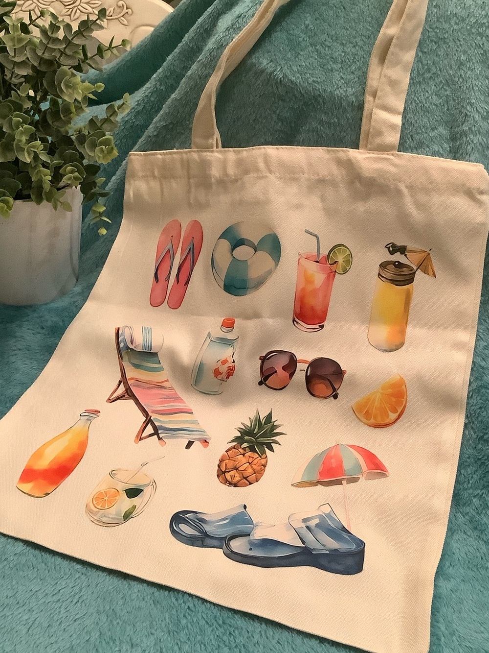Summer Beach Vibes Cotton Canvas Tote Bag Tropical Print NWT 13.75” x 15.50”